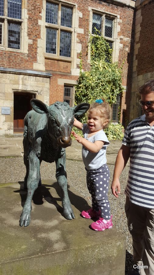 עיינה מלטפת בחיבה פסל של טלה